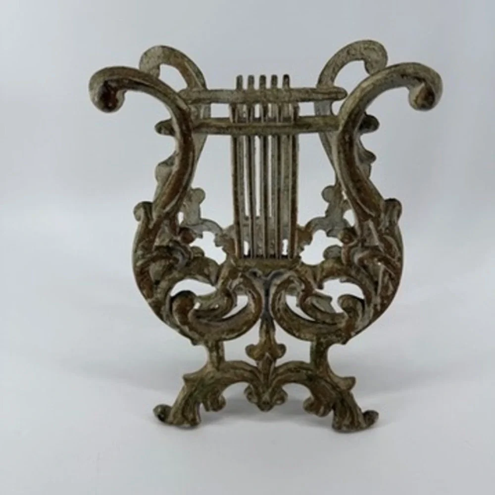 Vintage Cast Iron Lyre Harp Book Stand Sheet Music Holder Distressed White Gold